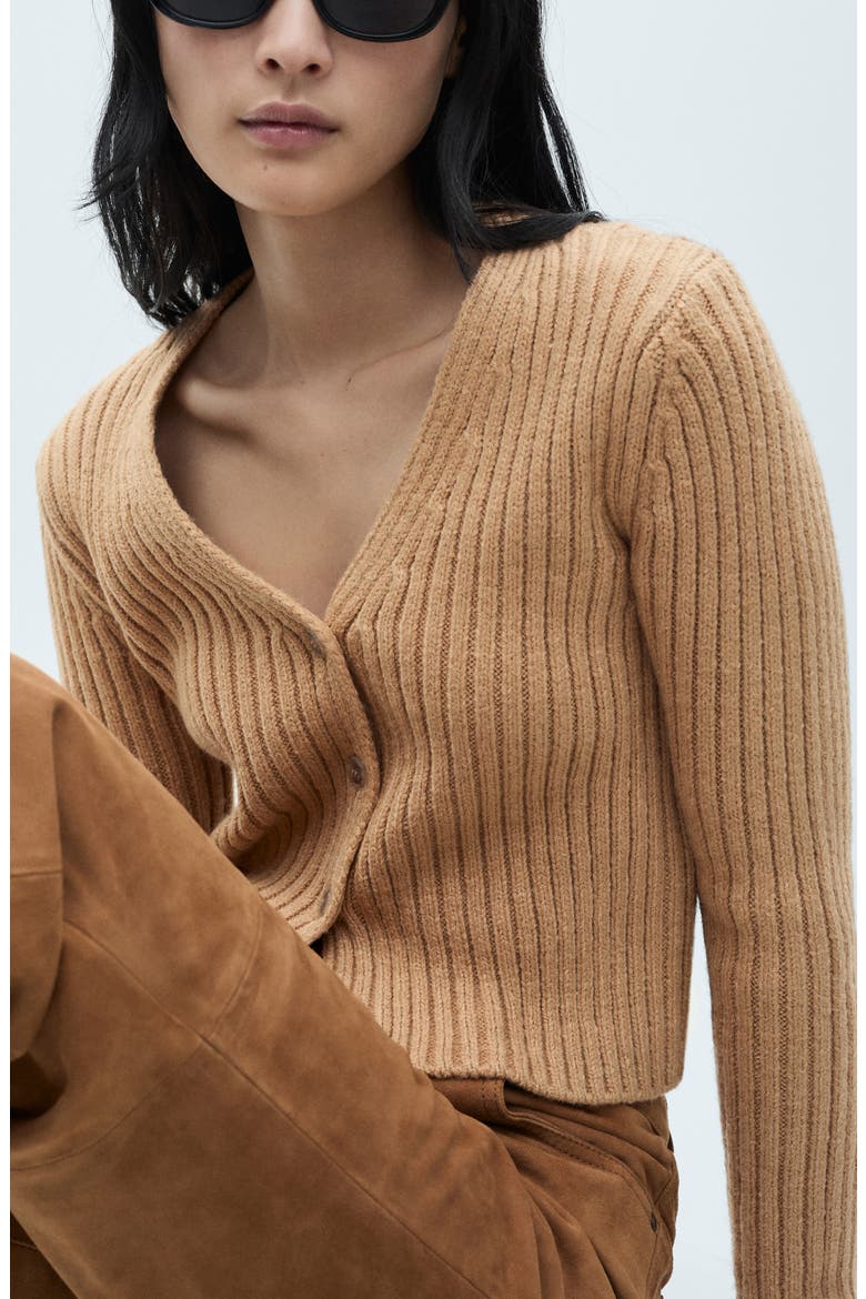 V-Neck Rib Cardigan, Alternate, color, MEDIUM BROWN