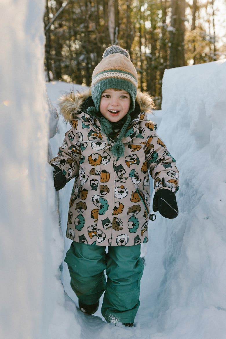 Discover Dog Fleece Jacket Snow Pants Two Piece Snowsuit, Alternate, color, Beige Printed with Dogs