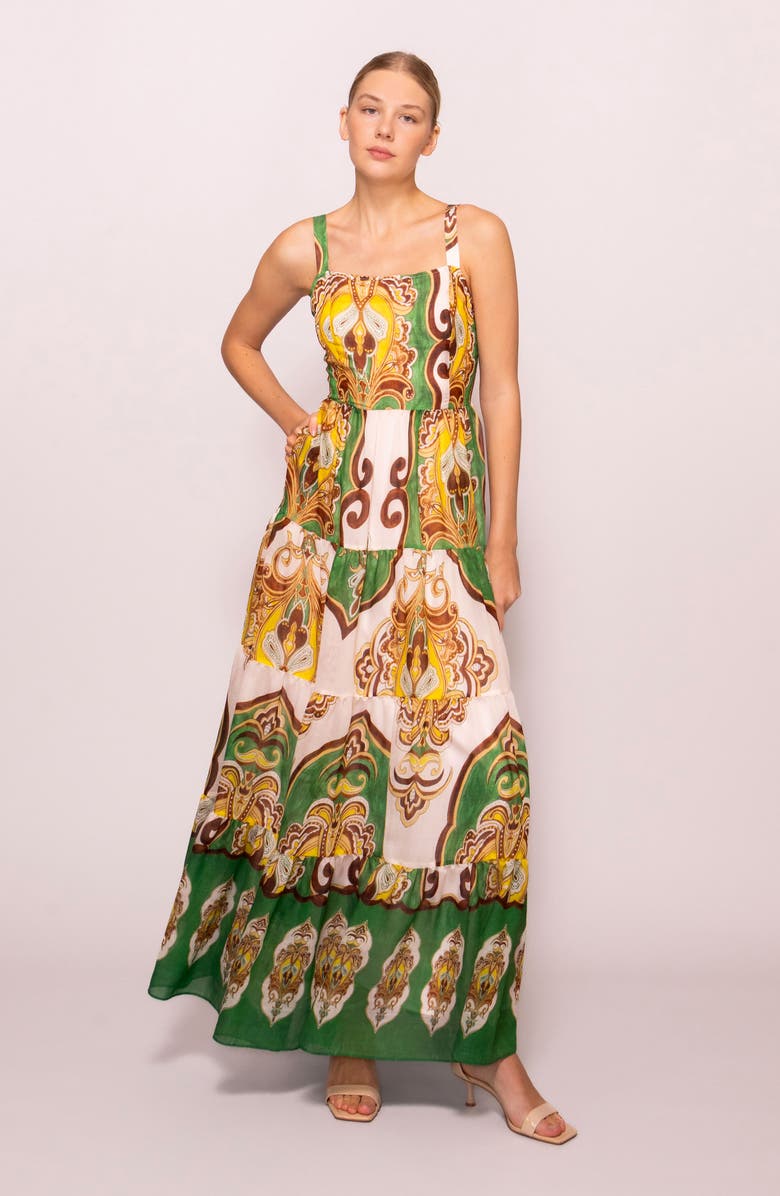 MELLODAY Tiered Maxi Dress, Alternate, color, Green Multi