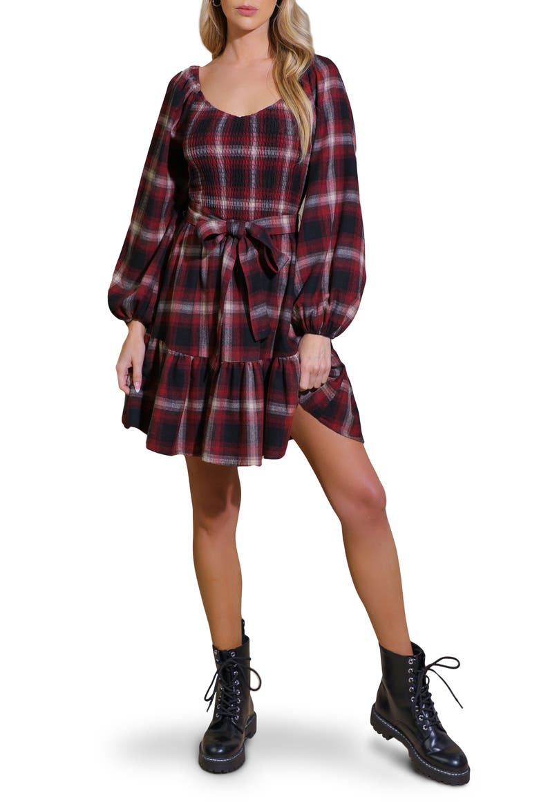 Plaid Long Sleeve Tie Waist Minidress, Main, color, RED/ BLACK