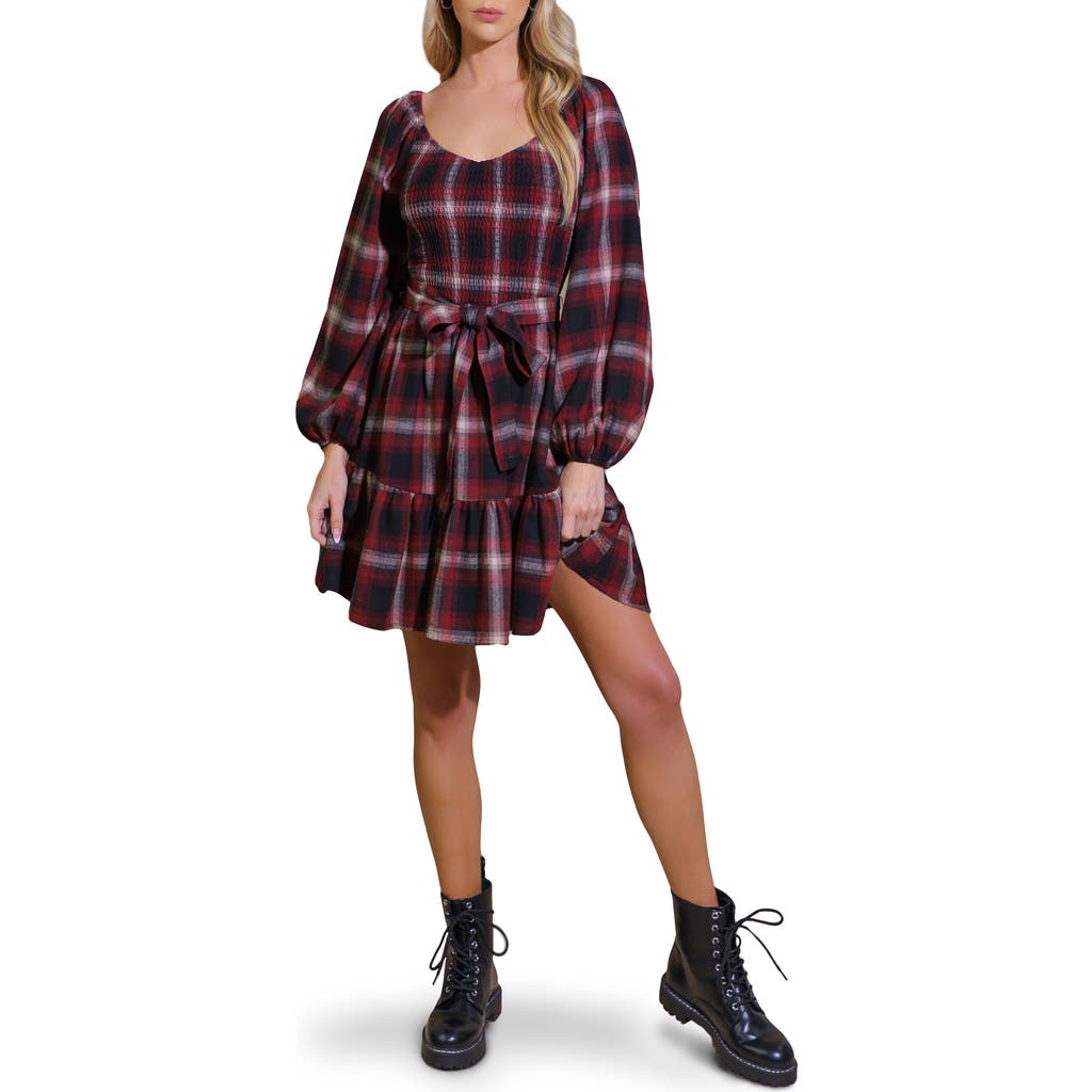 Flying Tomato Plaid Long Sleeve Tie Waist Minidress In Multi