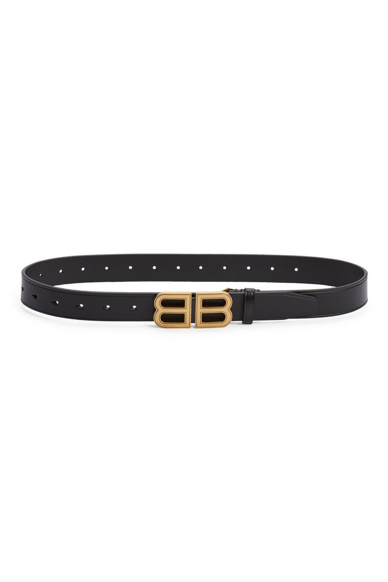 Hourglass Logo Buckle Leather Belt, Main, color, BLACK