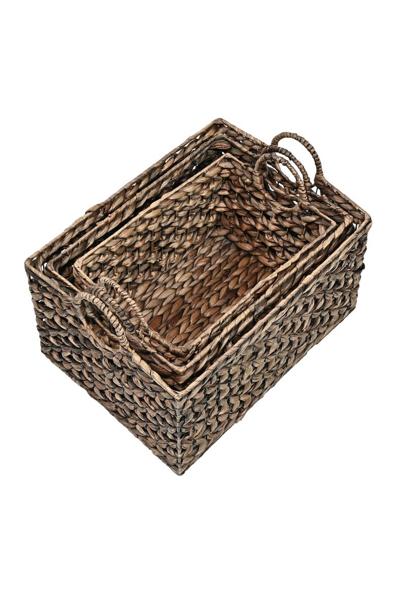 Quinn Bohemian Cottage Woven Hyacinth Rectangular Storage Baskets with Handles,, Alternate, color, Brown