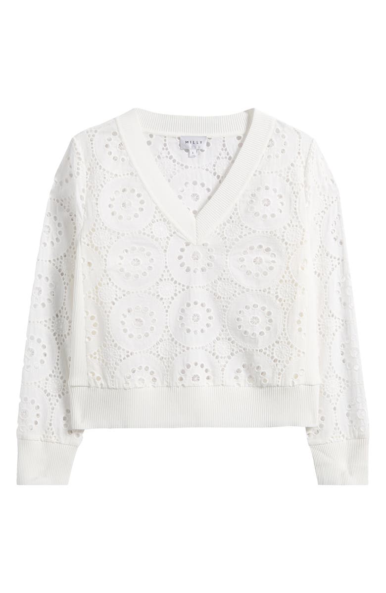 Milly Embroidered Eyelet Cotton V-Neck Top, Alternate, color, 