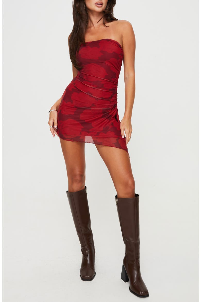 Donelli Floral Strapless Mesh Minidress, Main, color, DARK RED
