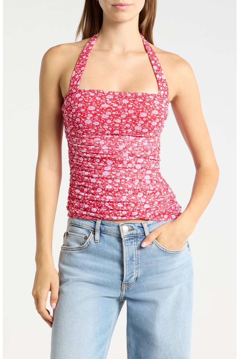 Kenzie Mesh Halter Top, Main, color, RED DITSY FLORAL