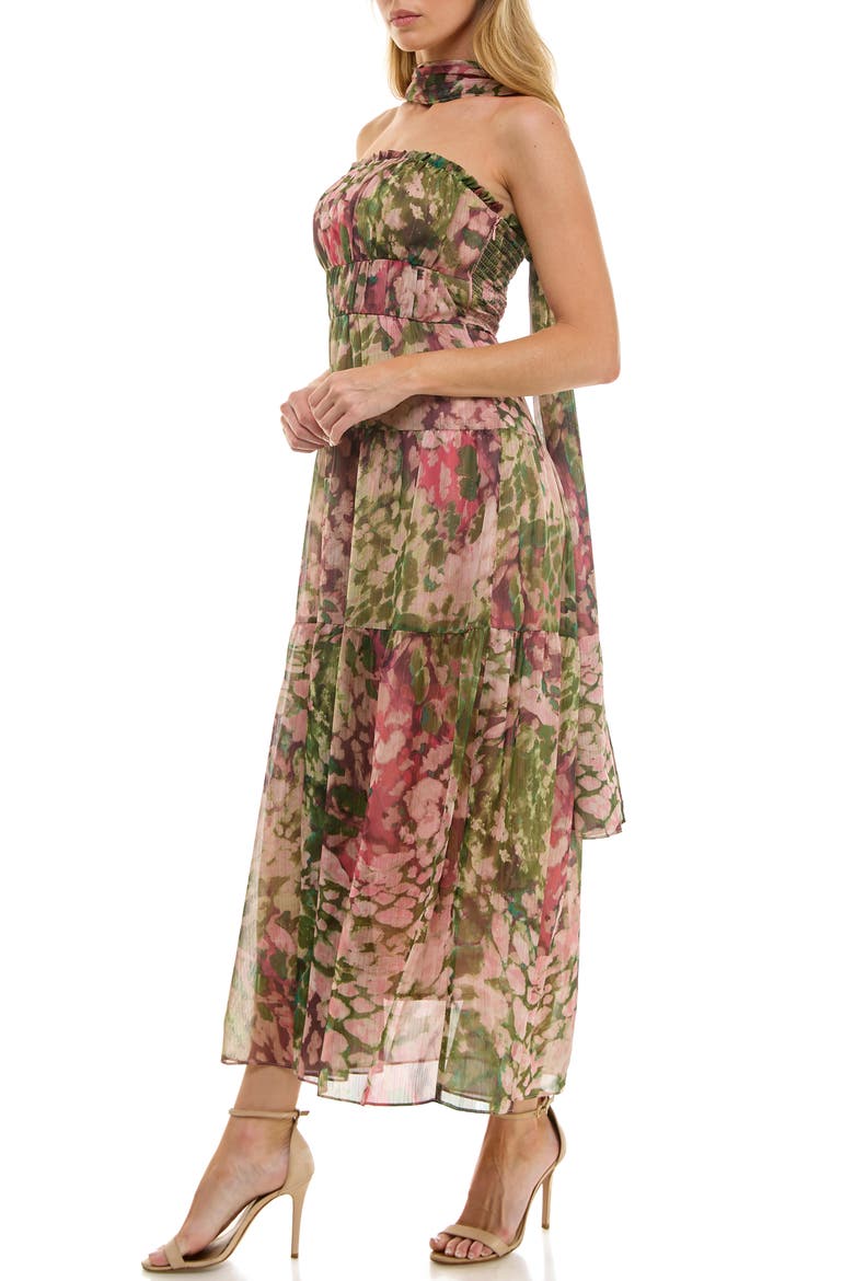 Metallic Floral Strapless Dress & Scarf Set, Alternate, color, OLIVE/ PINK