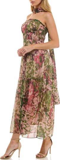Metallic Floral Strapless Dress & Scarf Set