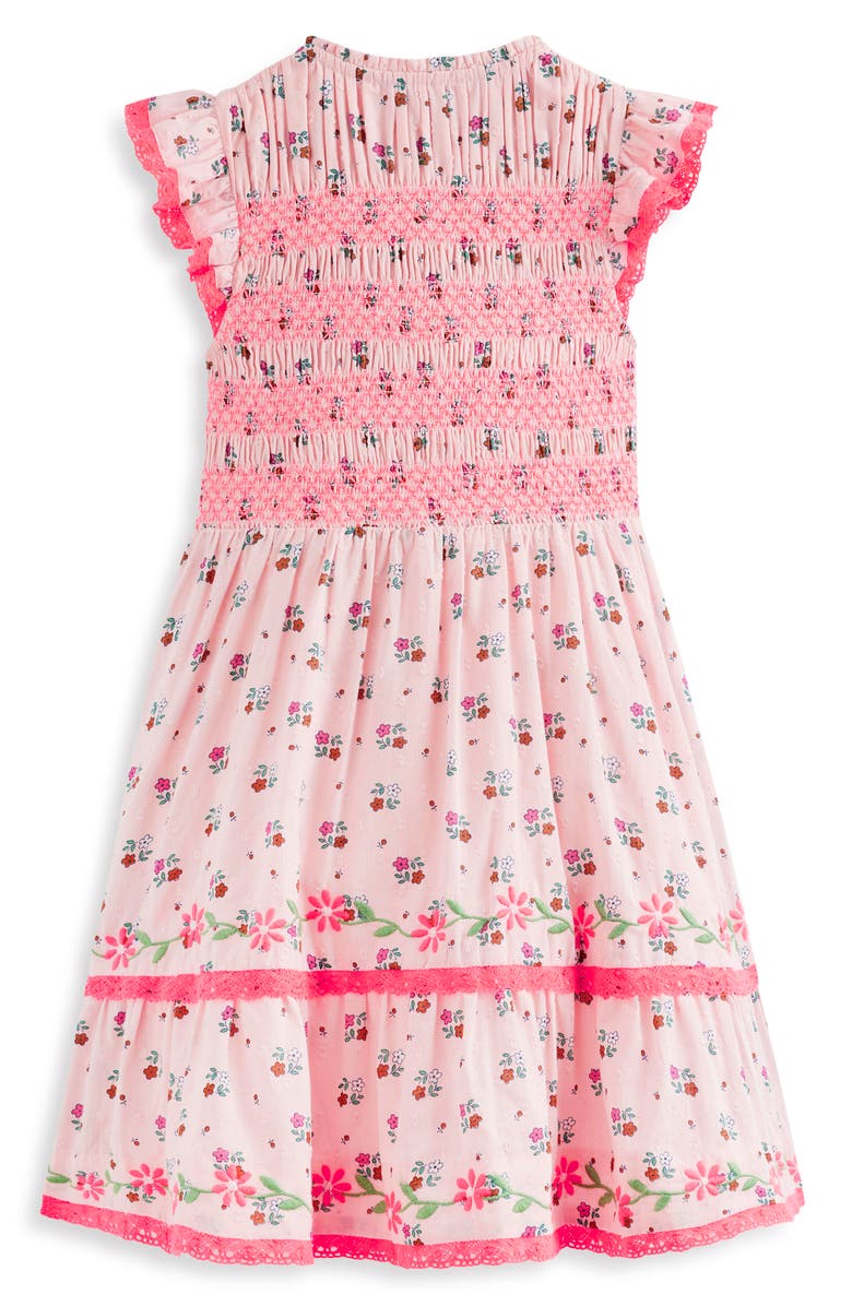 Mini Boden Kids' Smocked Bodice Lace Trim Tiered Cotton Dress, Alternate, color, Chalk Pink Daisy Chain