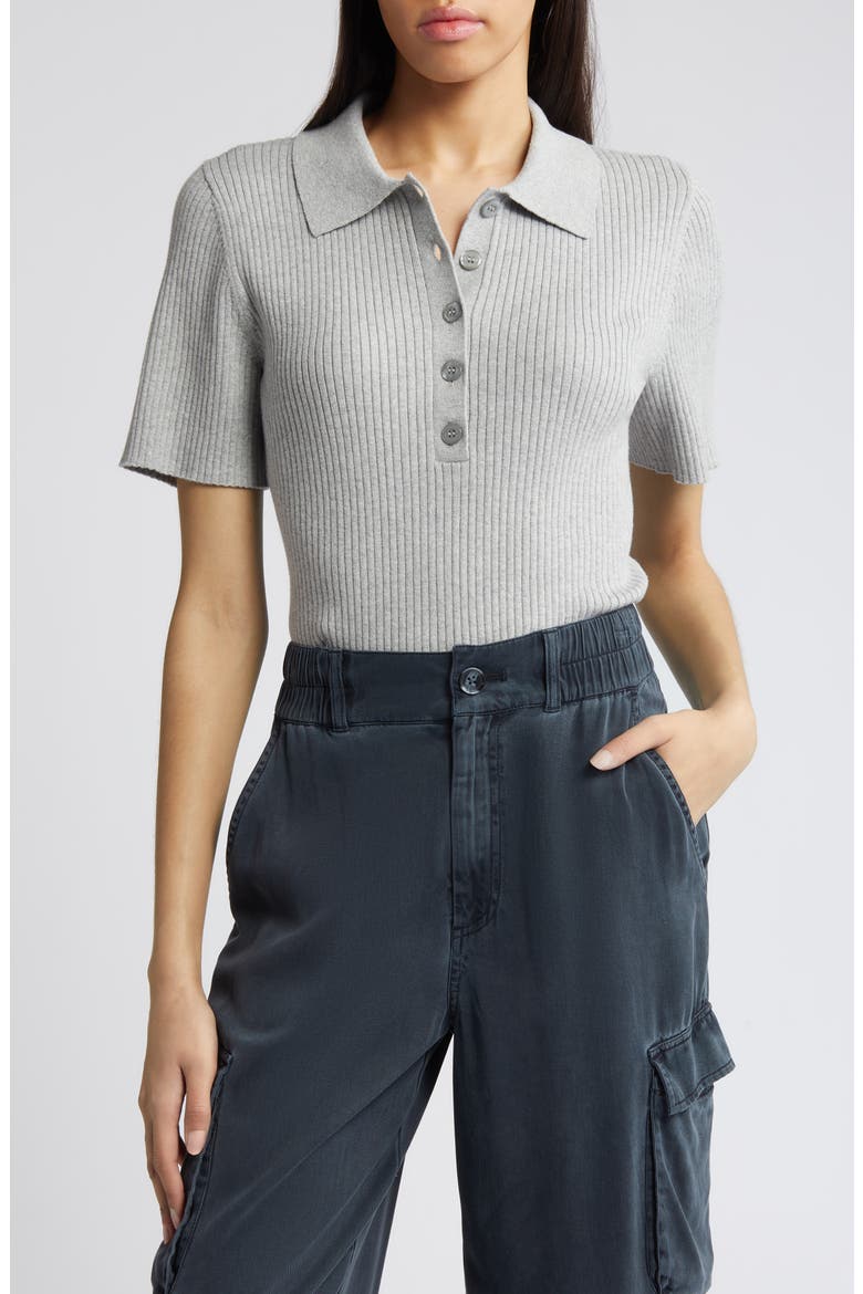 Short Sleeve Rib Polo Sweater, Main, color, GREY HEATHER