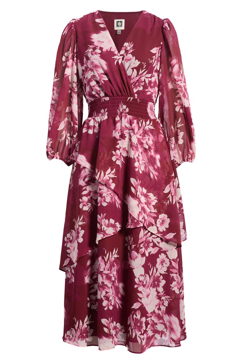 Tiered Ruffle Midi Dress, Alternate, color, NEW BURGANDY MULTI