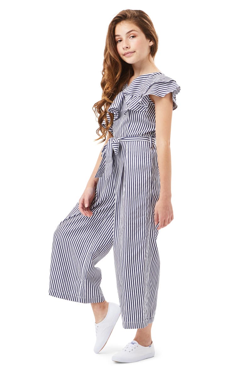 Habitual Girl Stripe Asymmetrical Ruffle Jumpsuit, Alternate, color,