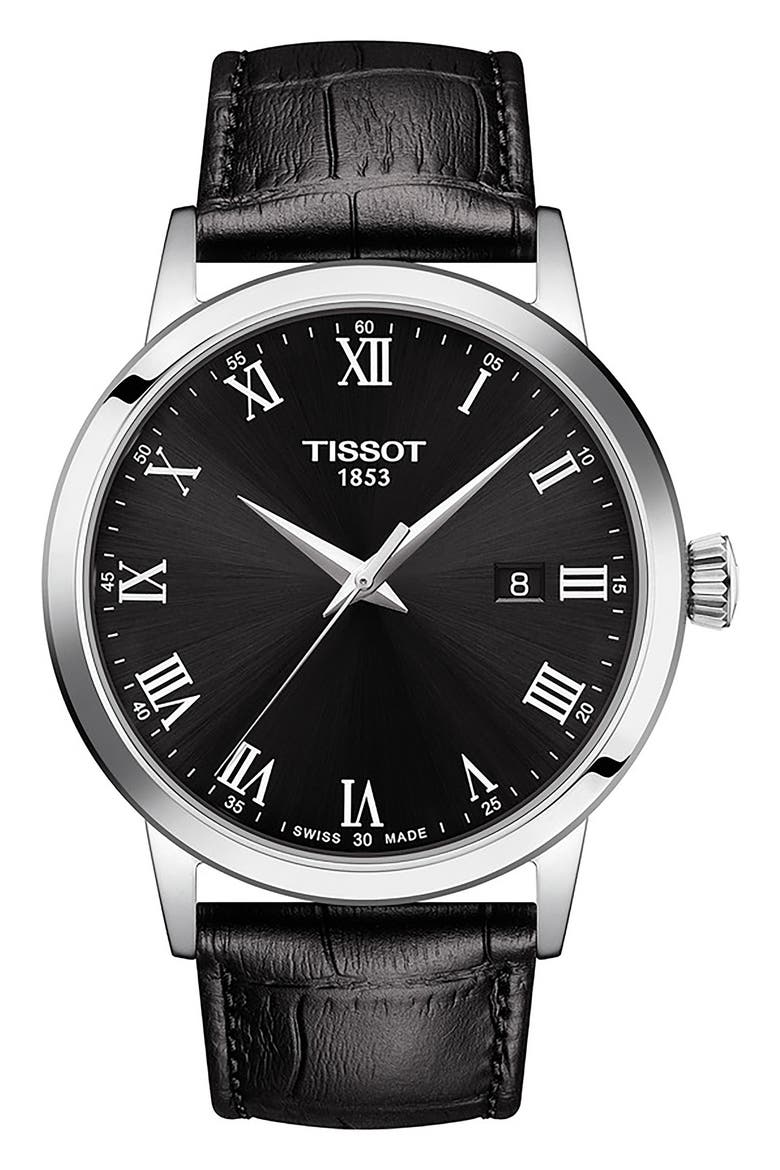Classic Dream Leather Strap Watch, 42mm, Main, color, BLACK