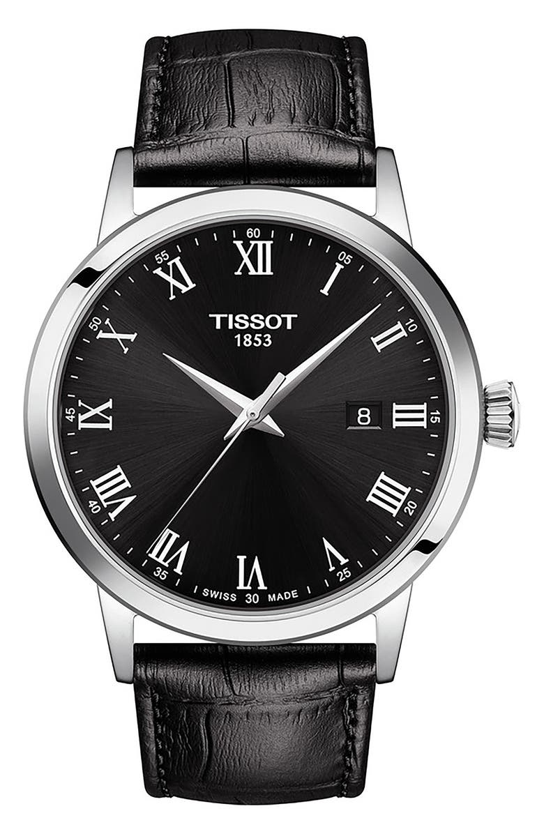 Tissot Classic Dream Leather Strap Watch, 42mm, Main, color, Black