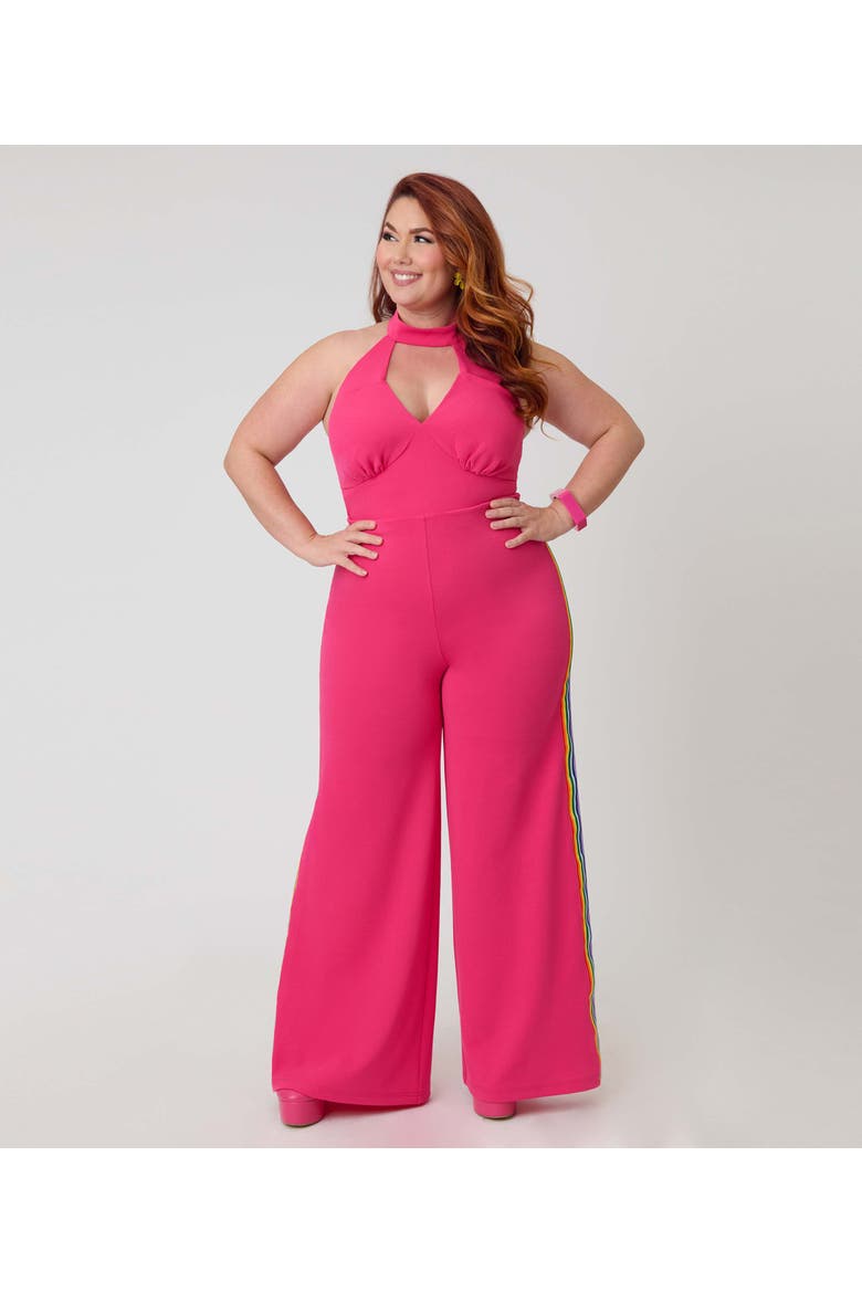 Plus Size Sashed Sleeveless Halter Glamour Goddess Jumpsuit, Main, color, Pink Solid