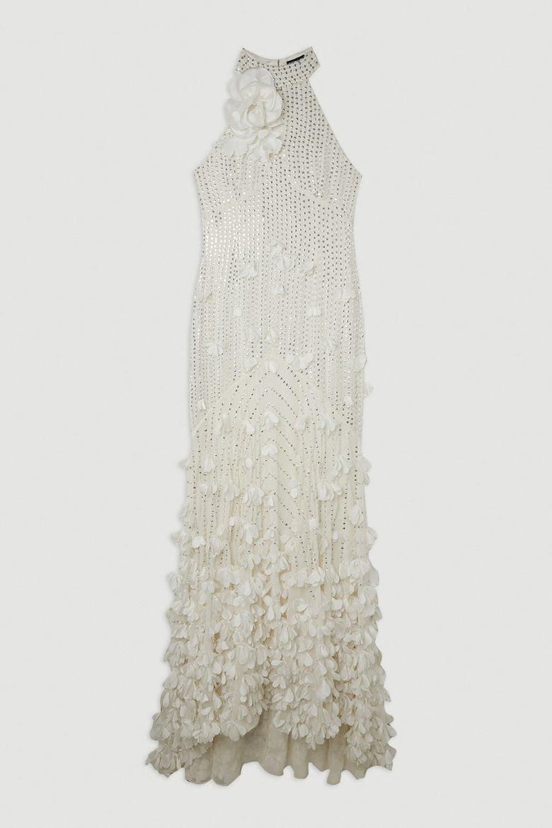 Crystal Rosette Halter-Neck Maxi Dress, Alternate, color, Ivory