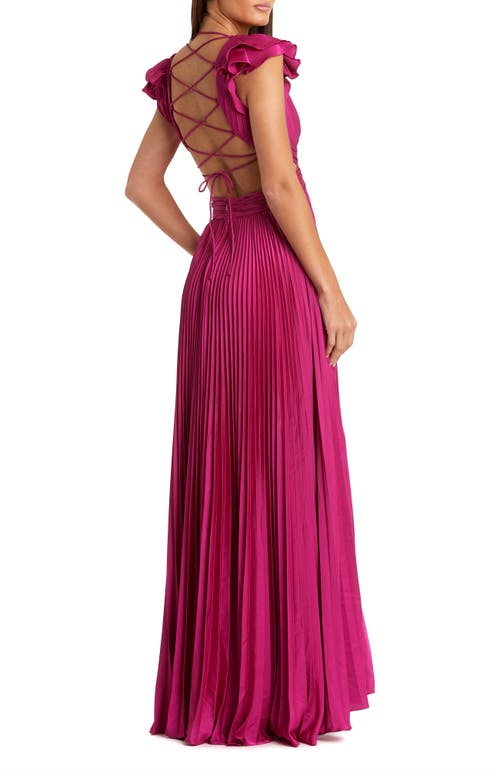 Mac Duggal Pleated Ruffled Cap Sleeve Cut Out Lace Up Gown In Fuchsia