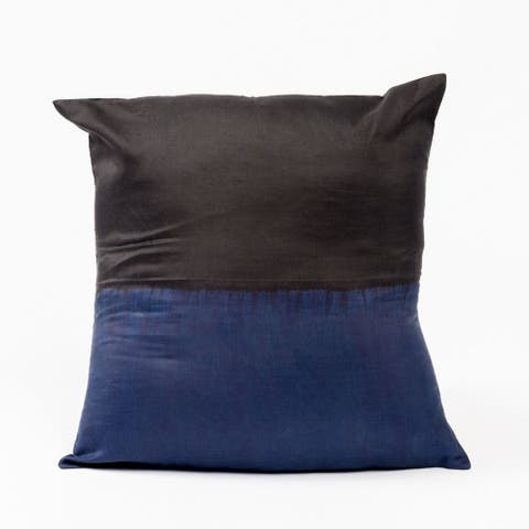 Aakar Mor Black and Indigo Color Block Mulberry Silk Pillow - Cover + Insert