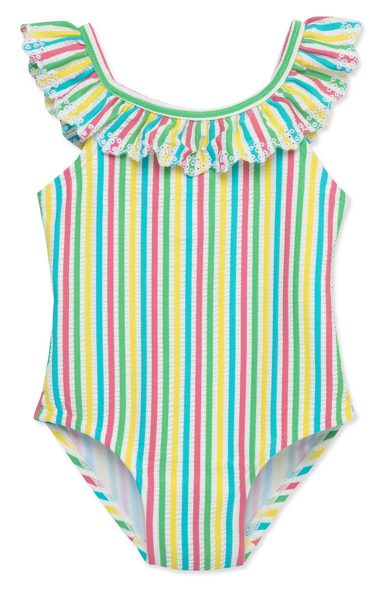 Little Me Stripe Ruffle One-Piece Swimsuit, Main, color, Multi