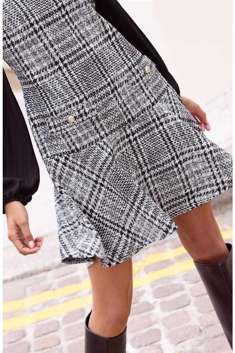 Check Long Sleeve Bouclé Minidress, Alternate, color, BLACK WHITE MULTI