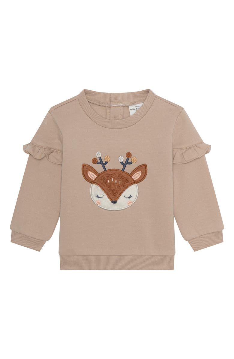PL Baby by Petit Lem Appliqué Ruffle Sweatshirt, Joggers, Socks & Headband Set, Alternate, color, Deer