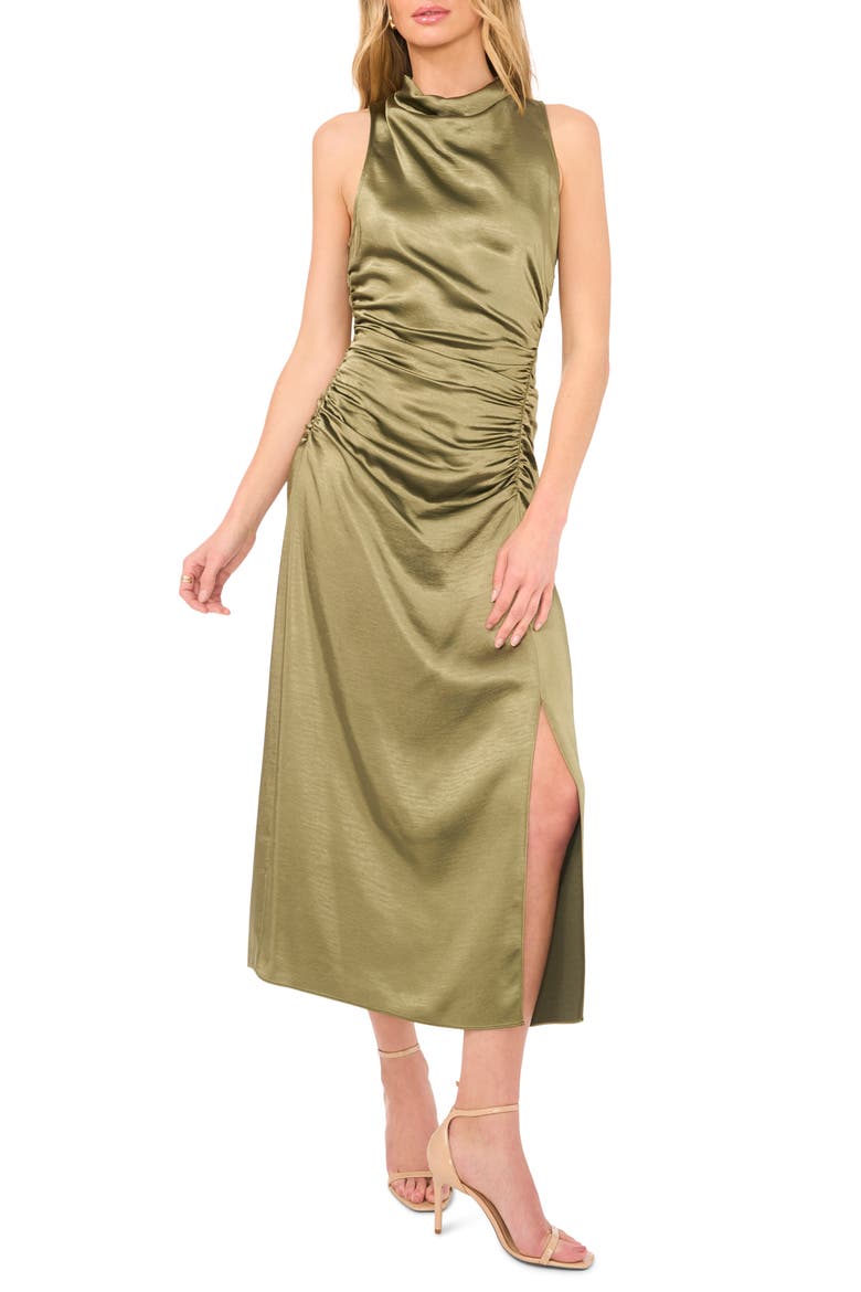 The Ayla Ruched Satin Midi Dress, Main, color, CHIVE GREEN