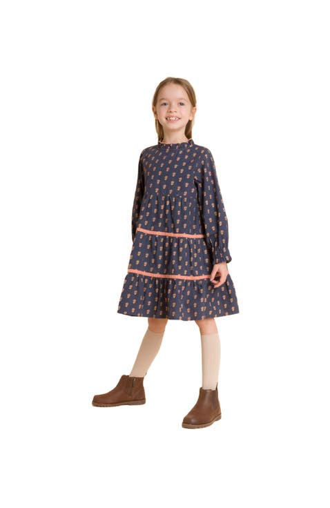 Toddler Girls' Long Sleeves Tiered Skirt Dress with Velvet Trim | Orange Floral