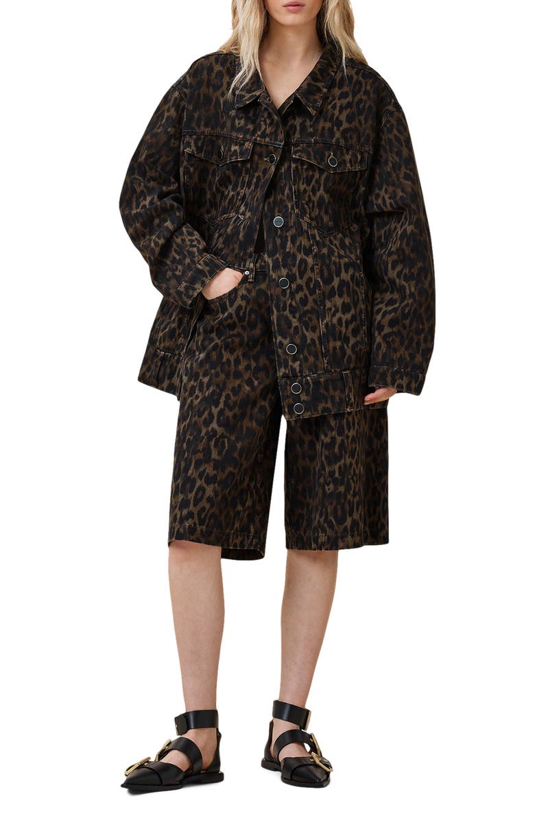 AllSaints Louie Leopard Long Denim Shorts, Alternate, color, Leppord Brown