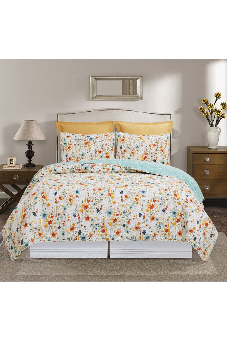 Sheila Spring Floral Cotton Quilt Set  - Reversible and Machine Washable, Alternate, color, Yellow