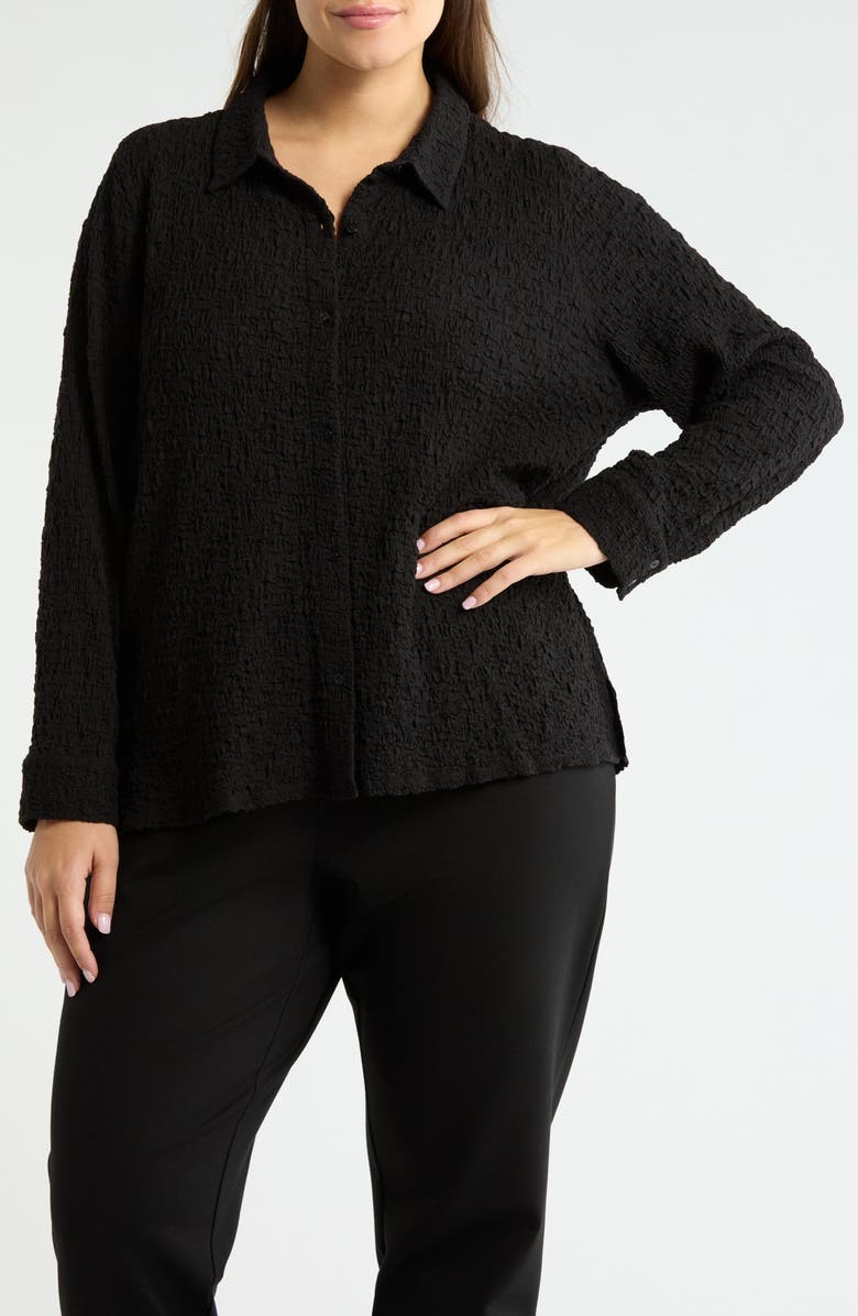 Eileen Fisher Slim Organic Cotton Blend Knit Button-Up Shirt, Main, color, Black