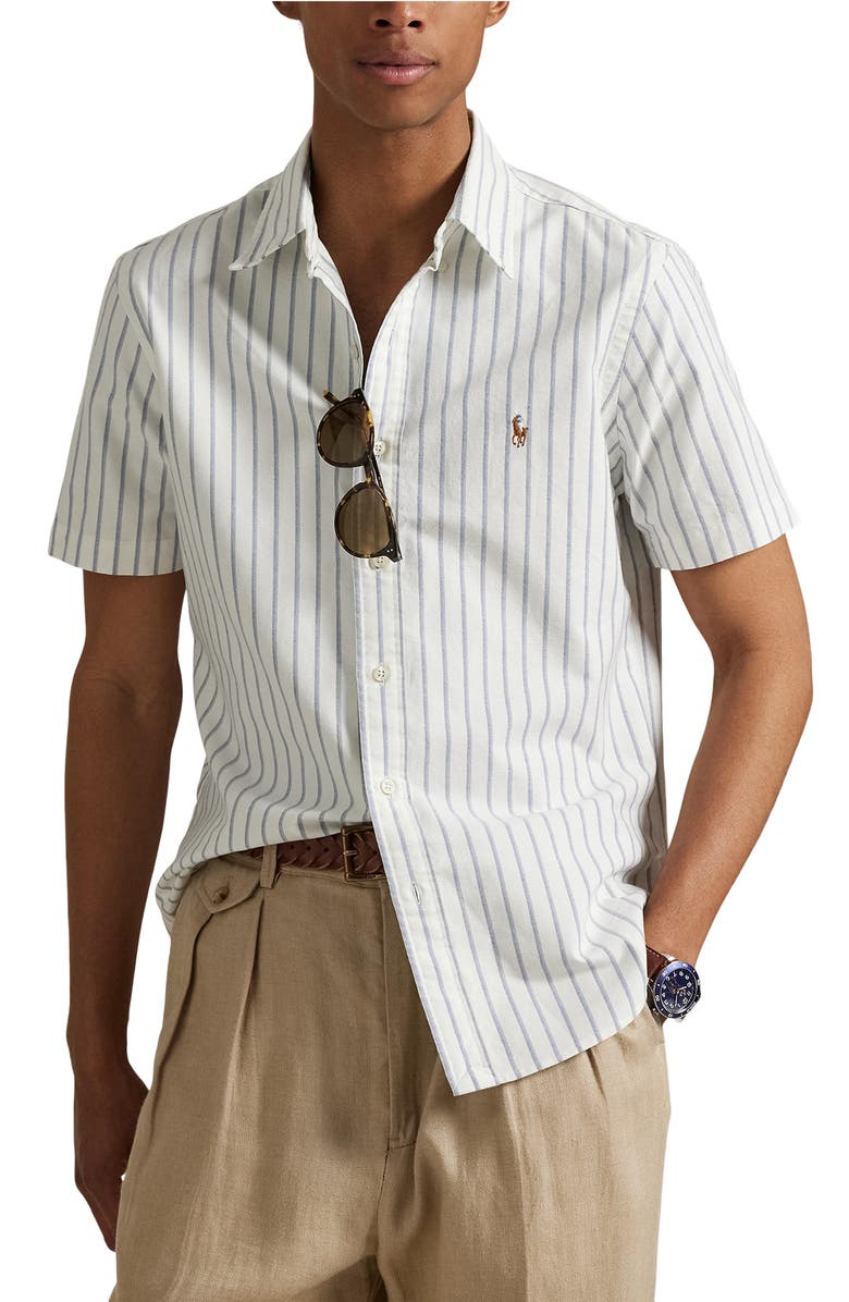Polo Ralph Lauren Classic Fit Stripe Short Sleeve Cotton Button-Down Oxford Shirt, Main, color,
