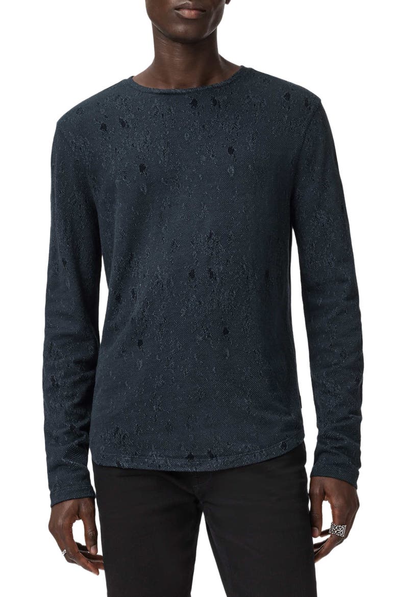 Vera Distressed Jacquard Long Sleeve Crewneck T-Shirt, Alternate, color, NAVY