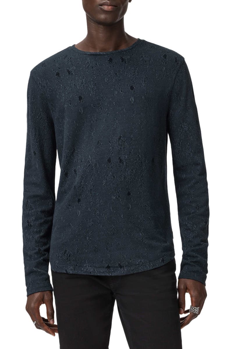 John Varvatos Vera Distressed Jacquard Long Sleeve Crewneck T-Shirt, Alternate, color, Navy