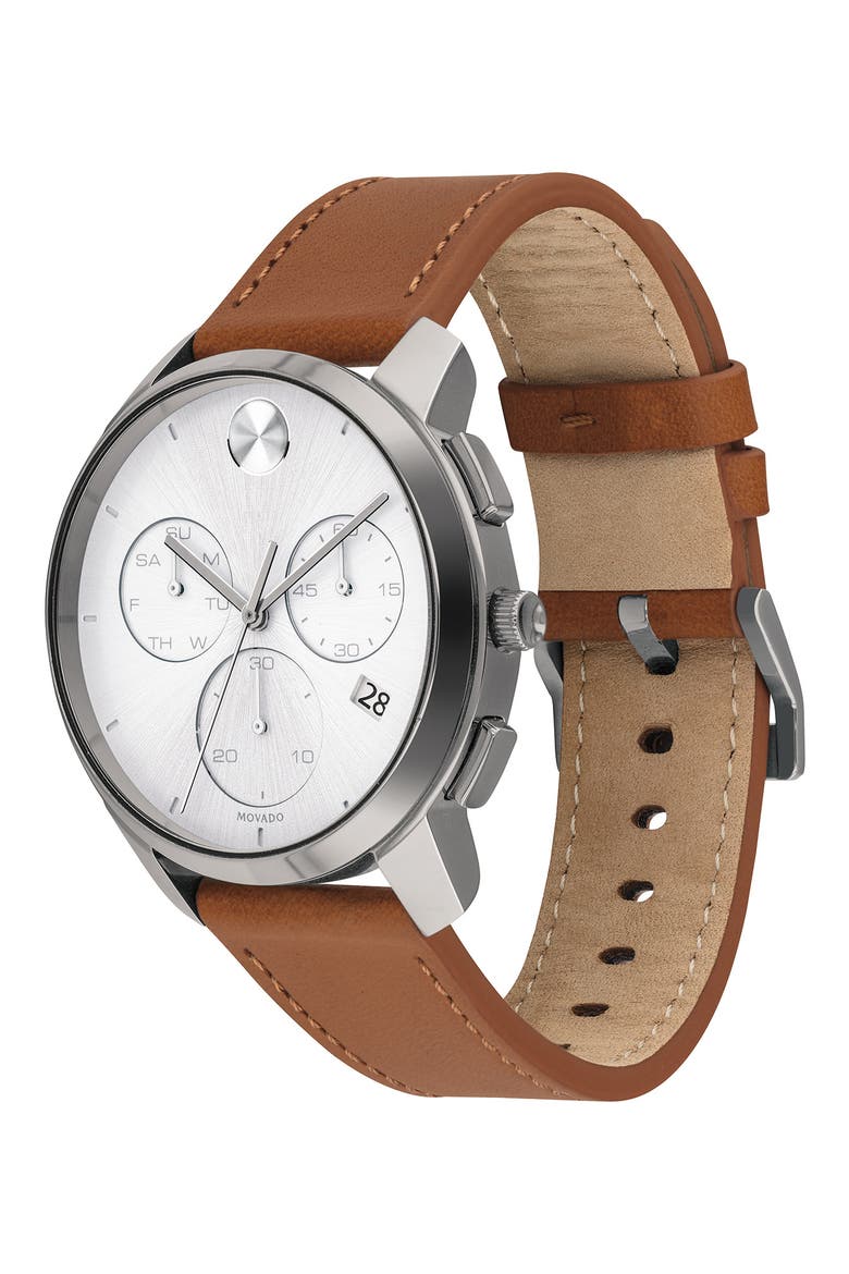 Bold Chronograph Leather Strap Watch, 42mm, Alternate, color, COGNAC/ WHITE/ GUNMETAL