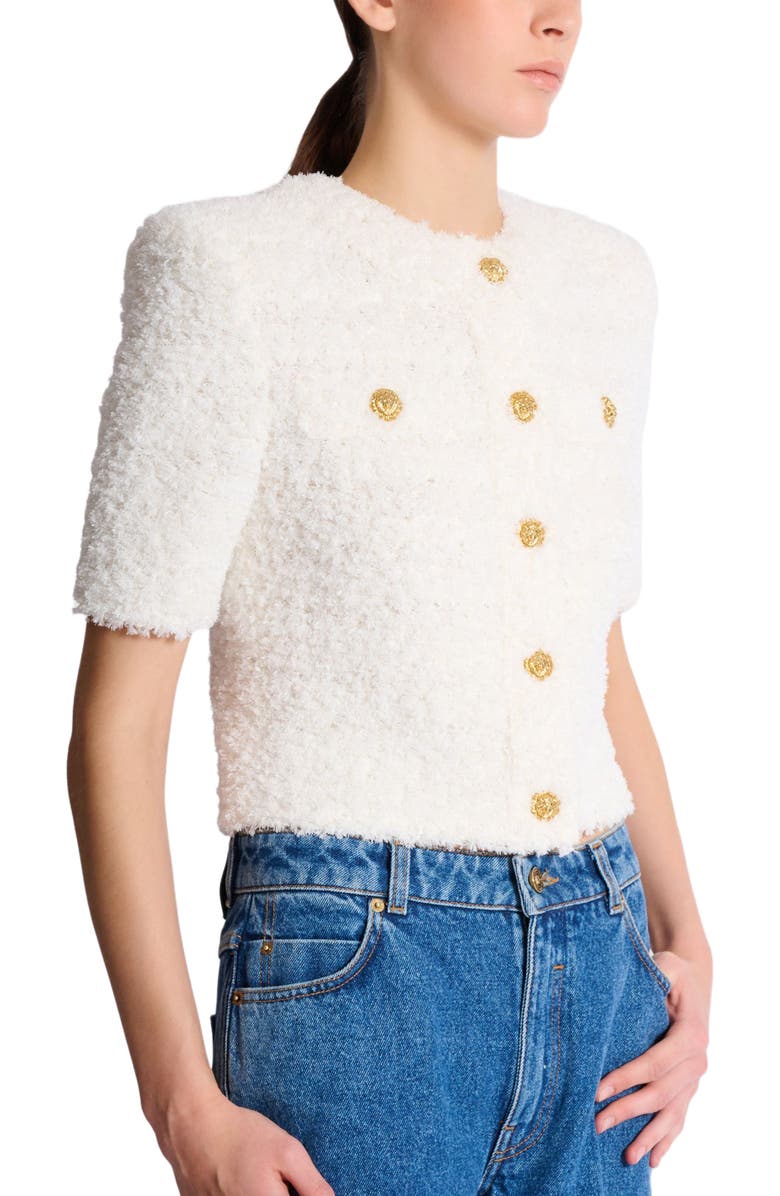 Balmain Cardigan in dotted tweed, Alternate, color, White