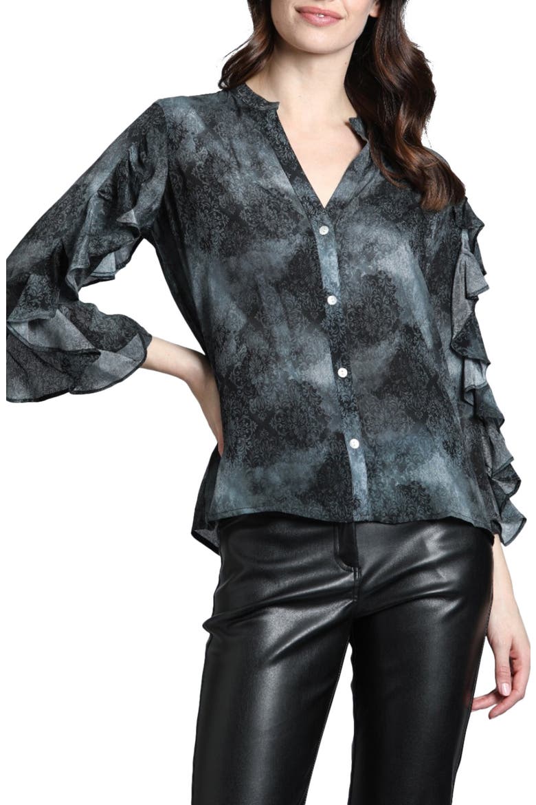Mixed Print Ruffle Sleeve Button-Up Shirt, Main, color, BLACK MULTI