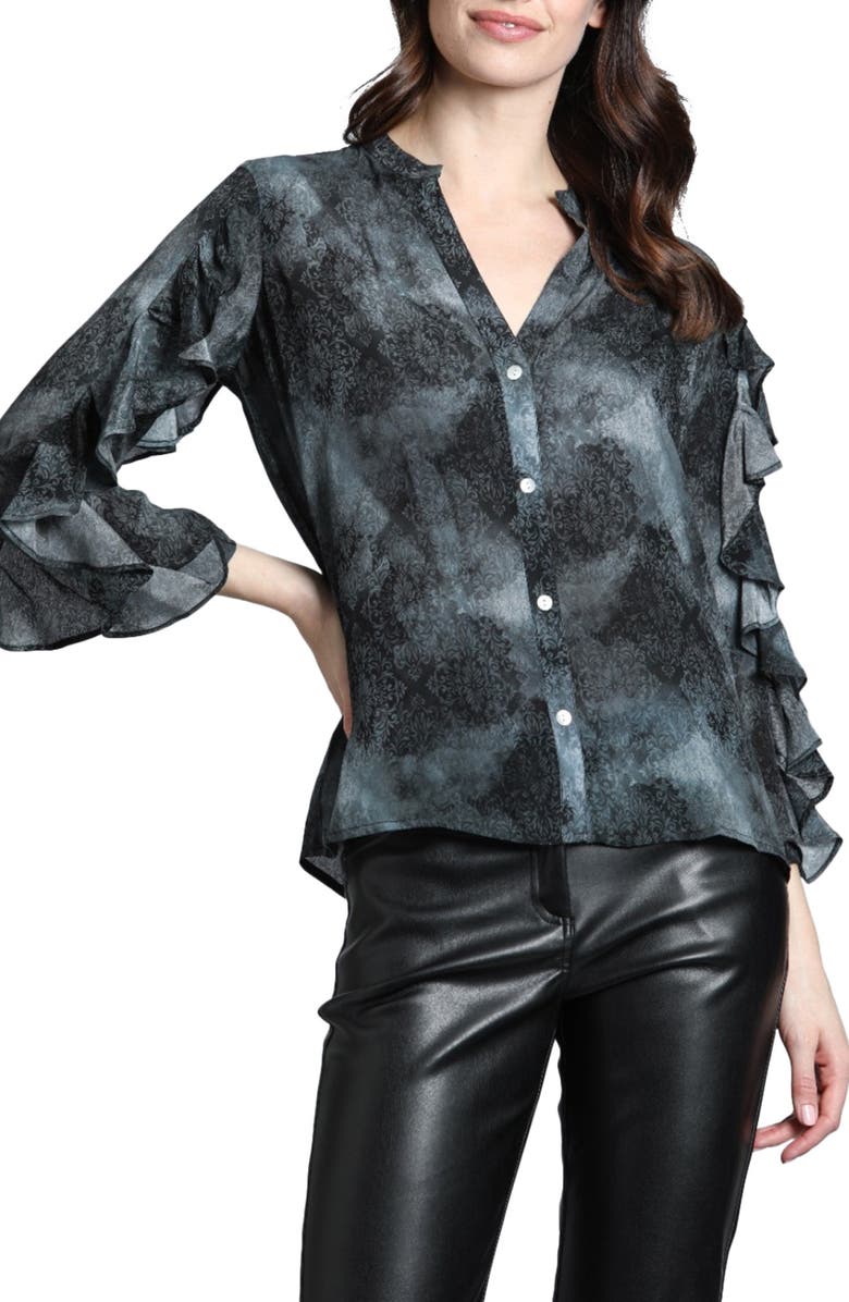 APNY Mixed Print Ruffle Sleeve Button-Up Shirt, Main, color,