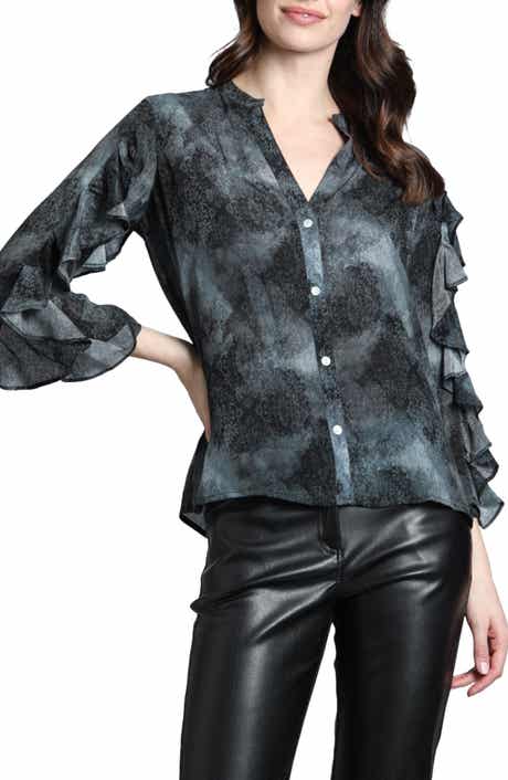 Mixed Print Ruffle Sleeve Button-Up Shirt