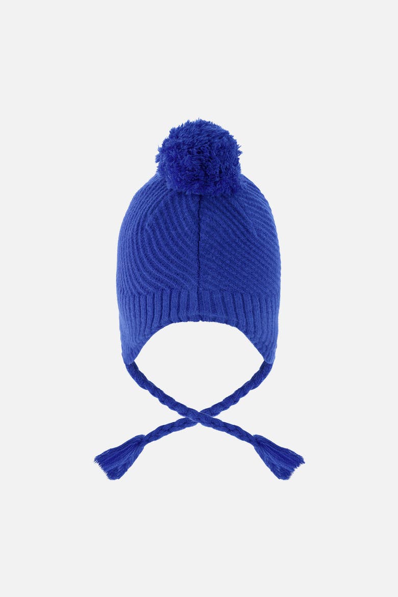 Boy Winter Peruvian Fleece Lined Ear Flap Knit Hat with Pompom, Alternate, color, Royal Blue