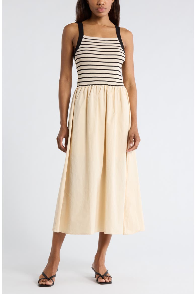 Stripe Sleeveless Mixed Media Midi Dress, Main, color, LIGHT KHAKI