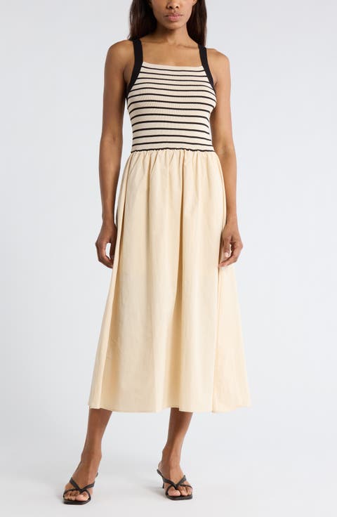 Stripe Sleeveless Mixed Media Midi Dress