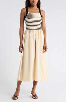 Blu Pepper Stripe Sleeveless Mixed Media Midi Dress