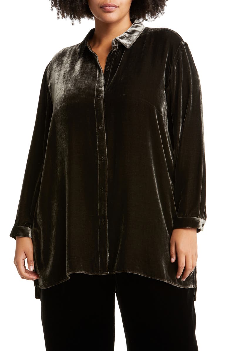 Eileen Fisher Classic Collar Long Velvet Button-Up Shirt, Main, color,