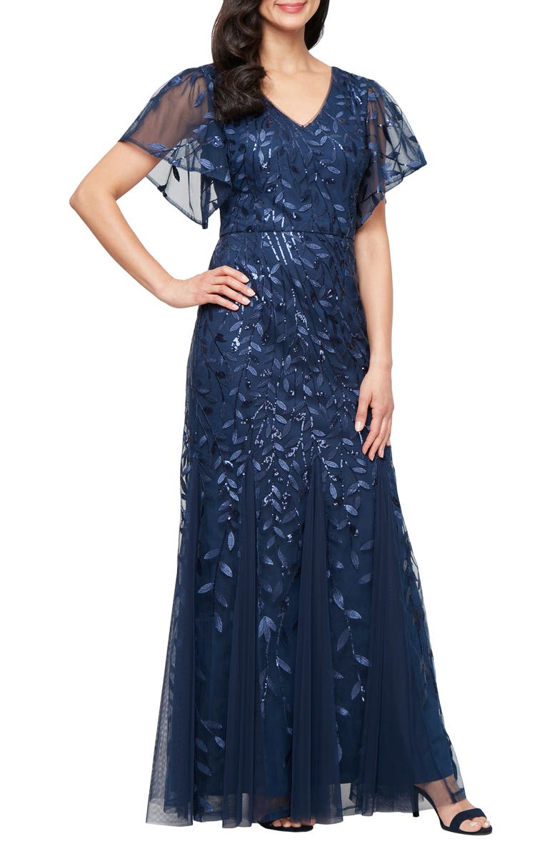 Alex Evenings Embroidered Flutter Sleeve Tulle Mermaid Gown, Main, color, Navy