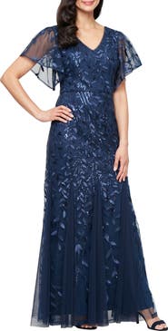 Alex Evenings Embroidered Flutter Sleeve Tulle Mermaid Gown