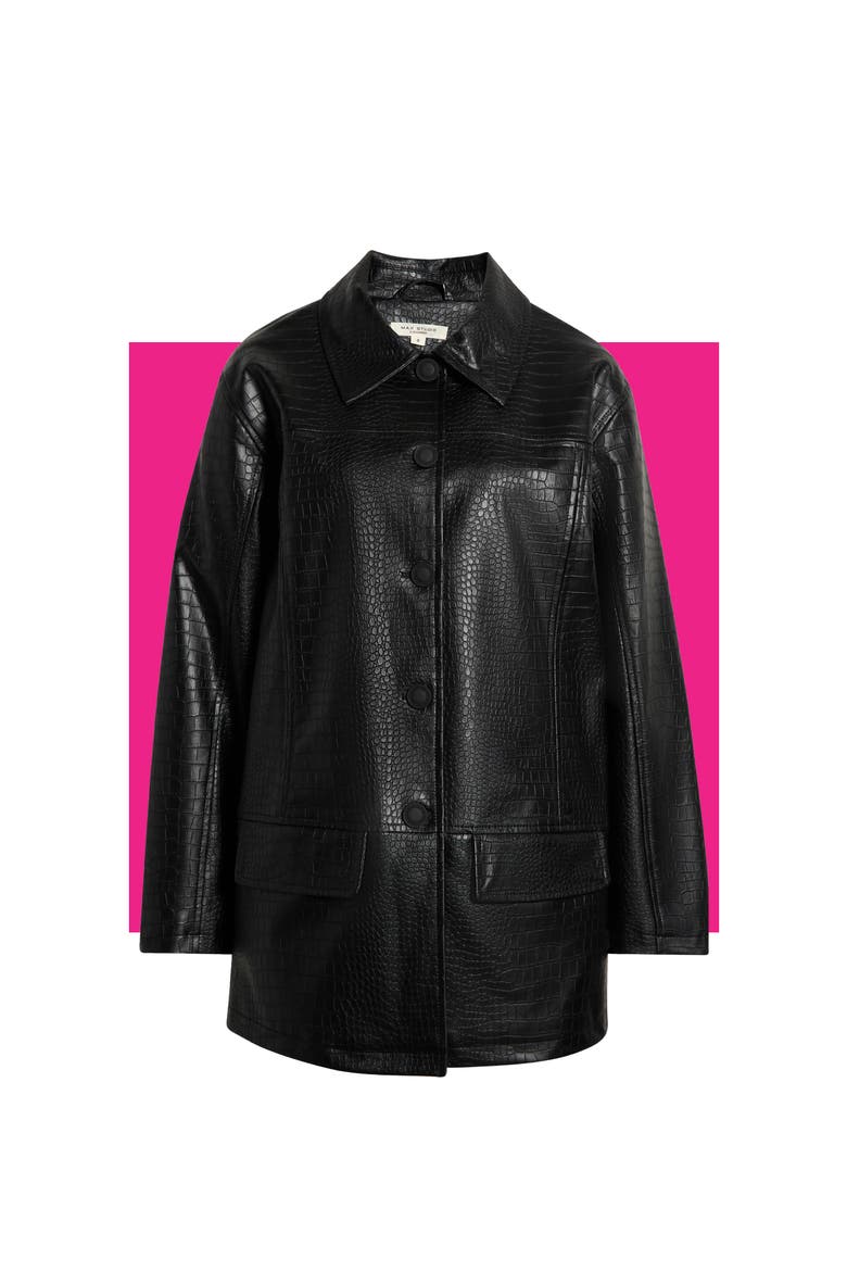 Oversize Croc-Embossed Faux Leather Jacket, Main, color, BLACK