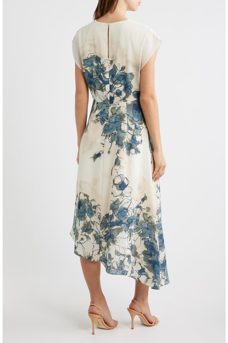 Placed Floral Cap Sleeve Asymmetric Hem Midi Dress, Alternate, color, IVORY/ BLUE