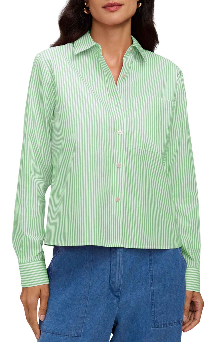 Foxcroft Jodie Stripe Cotton Button-Up Shirt, Main, color, Mojito Green/ White