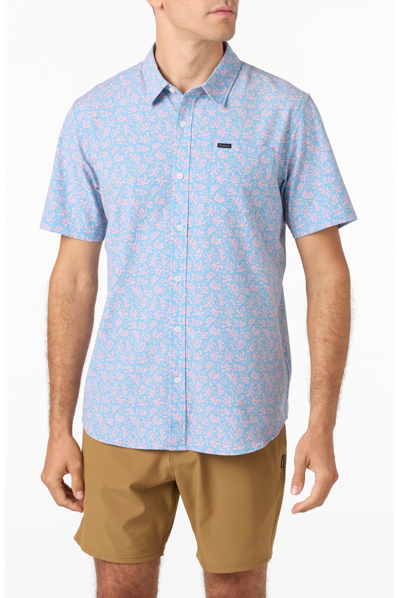 TRVLR UPF Traverse Print Short Sleeve Performance Button-Up Shirt, Main, color, BLUE FADE
