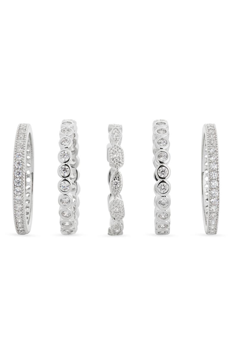 Pack of 5 CZ Embellished Stackable Rings, Alternate, color, CLEAR- SILVER